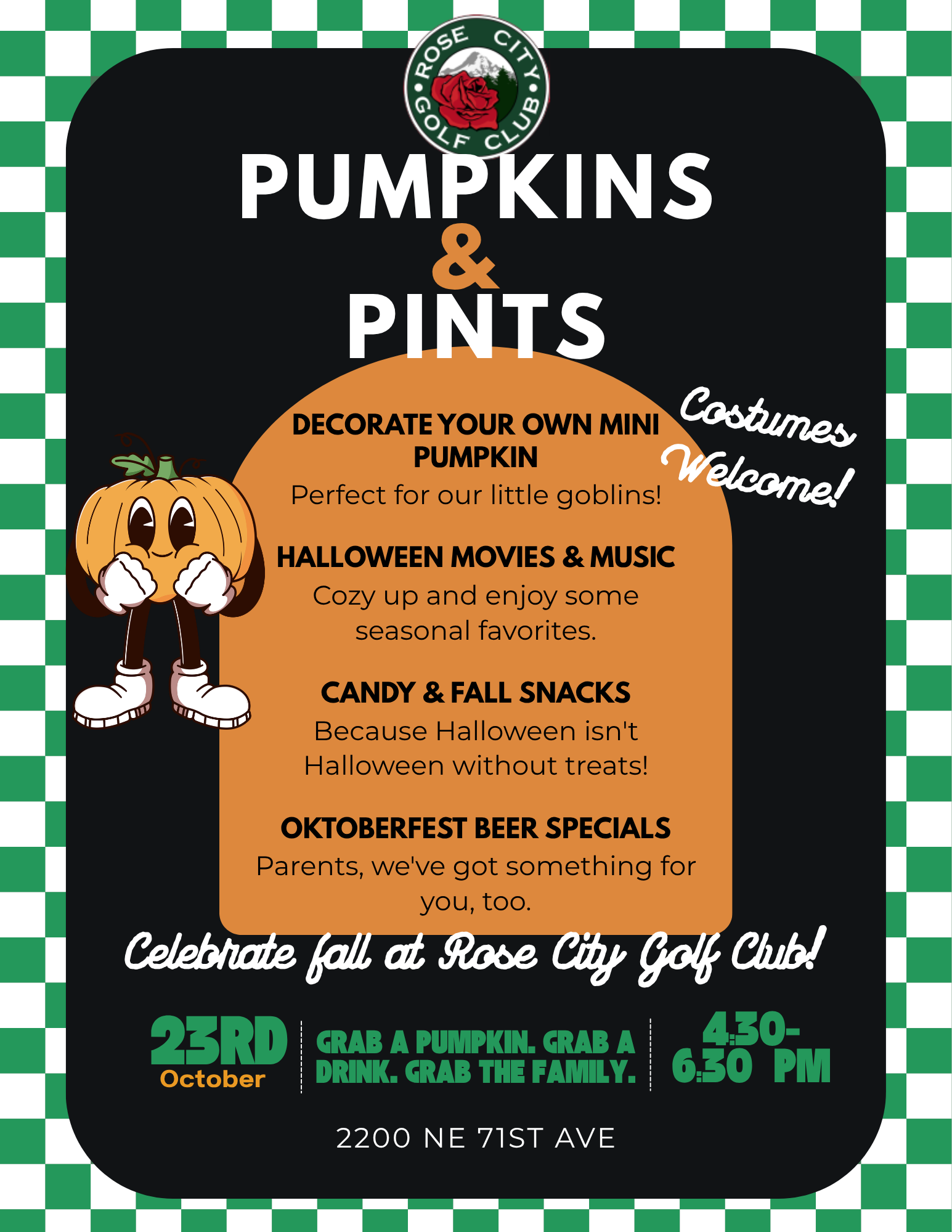 Promotional flyer for our Pumpkin and Pints event at Rose City Golf Club